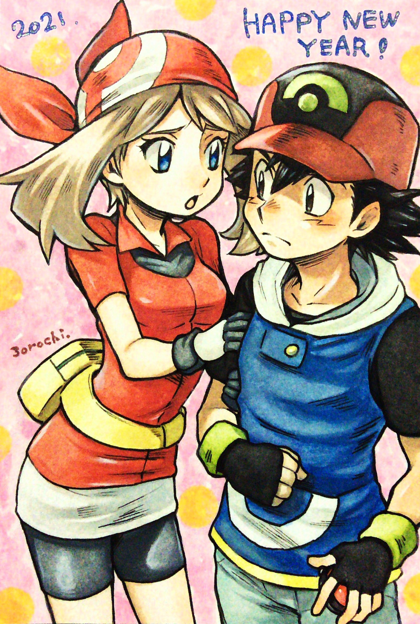 1boy 1girl 2021 3orochi arm_hug artist_name ash_ketchum bandana baseball_cap bike_shorts black_eyes black_hair blue_eyes brown_hair cowboy_shot fanny_pack fingerless_gloves frown gloves happy_new_year hat highres holding holding_poke_ball hood hood_down hoodie may_(pokemon) new_year open_mouth pink_background poke_ball poke_ball_(basic) pokemon pokemon_(anime) pokemon_rse_(anime) red_bandana short_hair signature