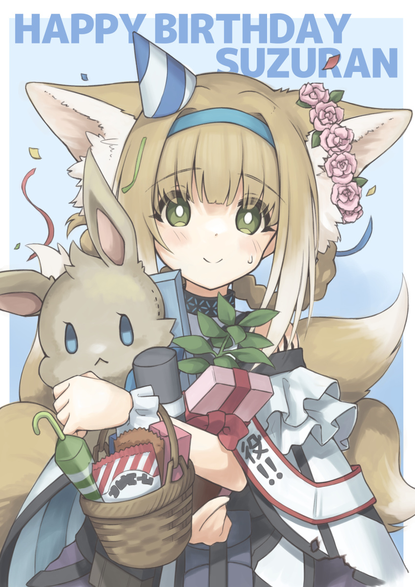 1girl :&lt; absurdres animal_ear_fluff animal_ears arknights basket black_collar blonde_hair blue_background blue_hairband blush border box braid character_name collar dress fox_ears fox_girl fox_tail gift gift_box green_eyes hairband happy_birthday hat head_wreath highres holding holding_stuffed_toy infection_monitor_(arknights) looking_at_viewer multicolored_hair multiple_tails oripathy_lesion_(arknights) party_hat plant semi_colon short_hair simple_background smile solo streaked_hair stuffed_animal stuffed_bunny stuffed_toy suzuran_(arknights) sweatdrop tail upper_body white_border white_dress white_hair