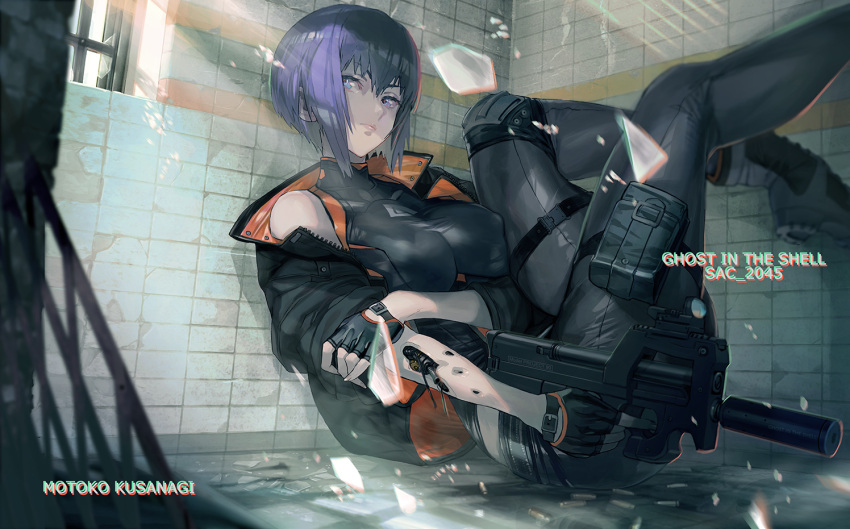 1girl blue_eyes breasts bullet closed_mouth cyborg eyebrows_visible_through_hair eyes_visible_through_hair ghost_in_the_shell ghost_in_the_shell:_sac_2045 hair_between_eyes holding holding_weapon injury kusanagi_motoko large_breasts looking_to_the_side maeshima_shigeki purple_hair shell_casing short_hair sunlight suppressor tile_floor tile_wall tiles under_fire weapon