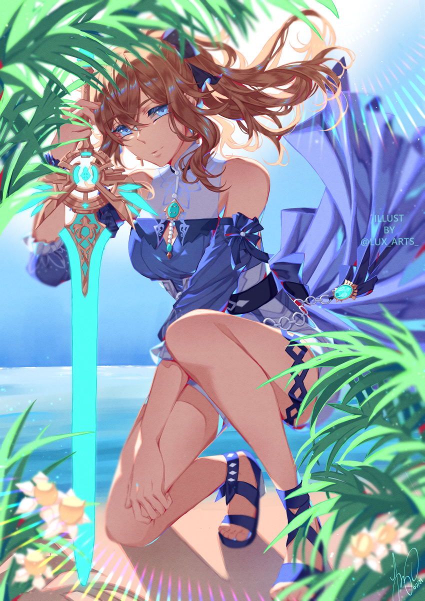1girl absurdres bare_legs bare_shoulders blue_eyes brown_hair detached_sleeves flower genshin_impact highres jean_(genshin_impact) jean_(sea_breeze_dandelion)_(genshin_impact) jewelry looking_at_viewer lux_casari one_knee outdoors sandals signature solo summer sword twintails vision_(genshin_impact) weapon