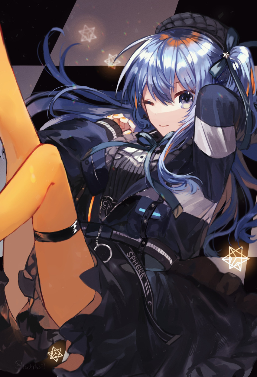 1girl absurdres arm_behind_head beret blue_eyes blue_hair blue_jacket checkered checkered_background fingernails hat highres hololive hoshimachi_suisei jacket knee_up kohina27831 lanyard leg_up long_hair nail_polish one_eye_closed orange_legwear orange_nails pantyhose side_ponytail solo thigh_strap unzipped virtual_youtuber