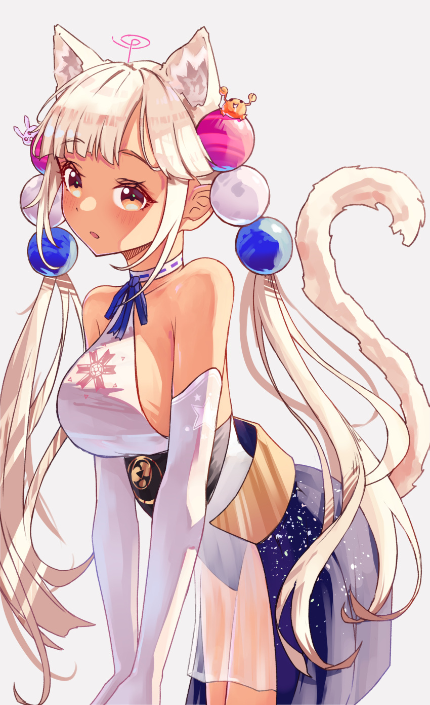 1girl absurdres animal_ear_fluff animal_ears bangs blush breasts brown_eyes cat_ears cat_girl cat_tail cowboy_shot eyebrows_visible_through_hair gloves hair_ornament highres hololive hololive_english large_breasts light_blush long_hair looking_at_viewer open_mouth shaded_face shironekokfp simple_background solo tail tan tsukumo_sana upper_body virtual_youtuber white_background white_hair