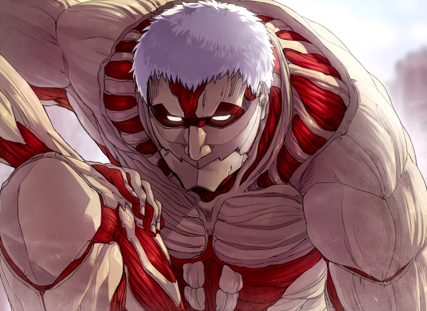 1boy abs armored_titan giant glowing glowing_eyes kneeling leaning_forward male_focus muscular muscular_male nene_(10575936) pectorals shingeki_no_kyojin short_hair solo white_hair