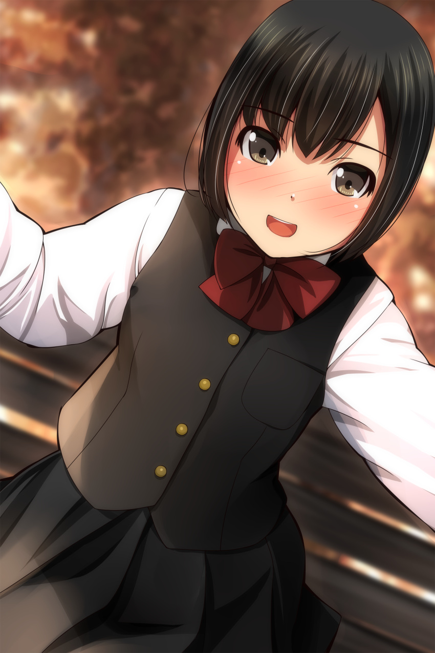 1girl :d absurdres bangs bench black_hair black_skirt black_vest blurry blurry_background blush bow brown_eyes depth_of_field dutch_angle eyebrows_visible_through_hair highres long_sleeves looking_at_viewer matsunaga_kouyou nose_blush on_bench original park_bench pleated_skirt red_bow sitting skirt smile solo teeth upper_teeth vest