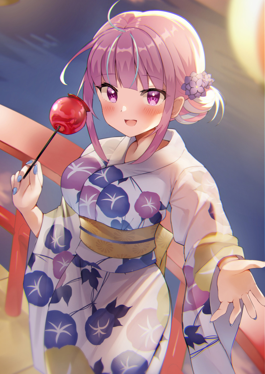 1girl :d ahoge alternate_hairstyle beckoning blue_hair blue_nails blush breasts bridge candy_apple cowboy_shot fingernails flower food hair_bun hair_flower hair_ornament highres hololive japanese_clothes kimono large_breasts long_hair looking_at_viewer minato_aqua multicolored_hair nail_polish obi open_mouth purple_hair reaching_out rykysd sash sidelocks smile solo streaked_hair summer_festival two-tone_hair violet_eyes virtual_youtuber wide_sleeves yukata