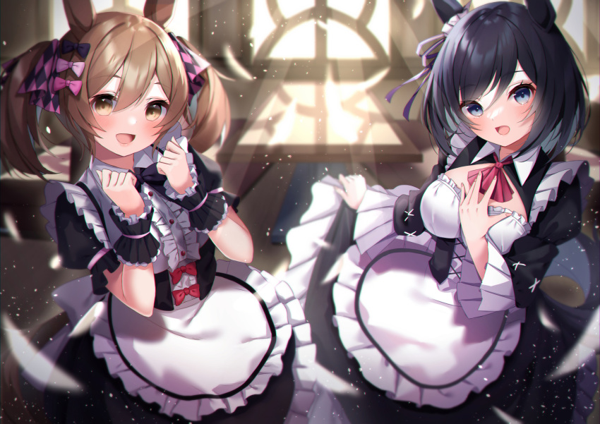 2girls :d amahara_pekozaemon animal_ears apron black_bow black_hair blue_eyes blurry blurry_background blush bow breasts brown_eyes brown_hair buttons center_frills commentary_request day depth_of_field eishin_flash_(umamusume) eyebrows_visible_through_hair frills hair_between_eyes hair_bow highres horse_ears horse_girl horse_tail indoors large_breasts long_hair long_sleeves multiple_girls open_mouth pink_bow puffy_short_sleeves puffy_sleeves short_hair short_sleeves smart_falcon_(umamusume) smile sunlight tail twintails umamusume white_apron wrist_cuffs