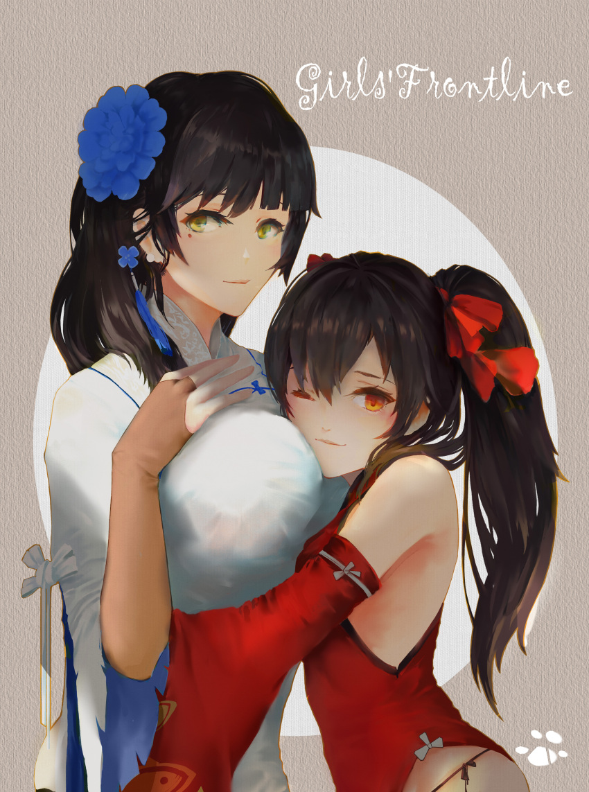 2girls absurdres baboon_(artist) beige_background between_breasts bow breast_hold breasts bridal_gauntlets brown_hair china_dress chinese_clothes closed_mouth copyright_name detached_sleeves dress earrings flower girls_frontline green_eyes hair_bow hair_flower hair_ornament head_between_breasts high_ponytail highres hug huge_breasts jewelry knot mole mole_under_eye multiple_girls one_eye_closed panties paw_print red_bow red_dress red_eyes side-tie_panties size_difference sleeveless sleeveless_dress stud_earrings texture type_95_(girls'_frontline) type_97_(girls'_frontline) underwear white_background yuri