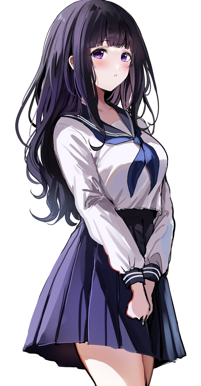 1girl absurdres bangs black_hair blue_eyes blue_neckwear blue_skirt chitanda_eru collarbone cowboy_shot eyebrows_visible_through_hair highres hyouka kamiyama_high_school_uniform long_hair long_sleeves neckerchief own_hands_together parted_lips pleated_skirt sak_(lemondisk) school_uniform serafuku shiny shiny_hair shirt simple_background skirt solo teeth v_arms violet_eyes white_background white_shirt