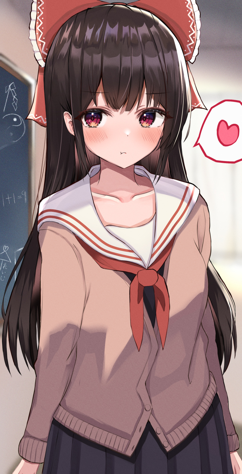 1girl :t absurdres alternate_costume aohane bow brown_hair brown_sweater chalkboard classroom collar contemporary hair_bow hakurei_reimu heart highres indoors looking_at_viewer neckerchief pleated_skirt red_bow red_eyes sailor_collar school_uniform serafuku sidelocks skirt solo speech_bubble sweater touhou white_collar