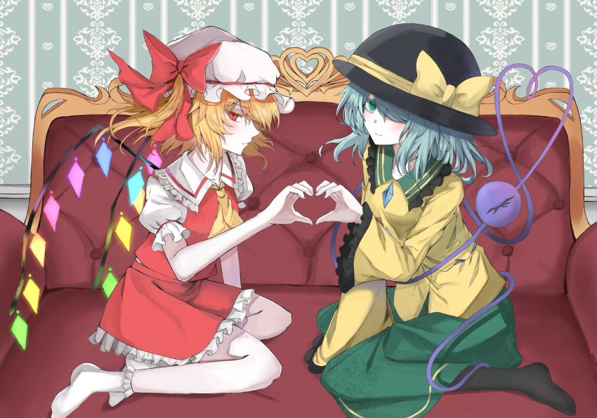 2girls arm_up artist_request ascot bangs black_legwear blush bow breasts commentary_request crystal diamond_button expressionless eyeball flandre_scarlet frilled_shirt_collar frilled_sleeves frills green_eyes green_hair green_skirt hair_over_one_eye hat hat_ribbon heart heart_hands heart_hands_duo heart_of_string highres komeiji_koishi long_sleeves looking_at_viewer mob_cap multiple_girls puffy_short_sleeves puffy_sleeves red_eyes red_ribbon red_skirt red_vest ribbon shirt short_hair short_sleeves sideways_glance sitting skirt small_breasts smile socks thigh-highs third_eye touhou vampire vest white_legwear wide_sleeves wings yellow_bow yellow_neckwear yellow_ribbon yellow_shirt