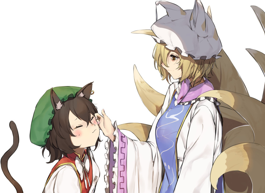 2girls :/ animal_ear_fluff animal_ears bangs blonde_hair blush breasts cat_ears cat_tail chen closed_eyes closed_mouth earrings fox_tail frilled_sleeves frills gold_trim green_headwear hat highres japanese_clothes jewelry kitsune large_breasts long_sleeves looking_at_another mob_cap multiple_girls multiple_tails pocche-ex short_hair simple_background single_earring slit_pupils smile standing tabard tail tassel touhou white_background white_sleeves wide_sleeves yakumo_ran yellow_eyes