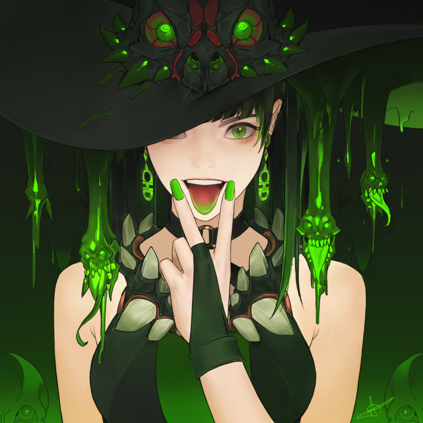 1girl bangs bare_shoulders black_dress black_headwear breasts daeho_cha dress earrings glowing glowing_eyes green_eyes green_headwear green_nails green_theme hand_up hat highres jewelry large_breasts looking_at_viewer nail_polish original slime_(substance) smile solo teeth tongue tongue_out upper_body upper_teeth v_over_mouth witch_hat