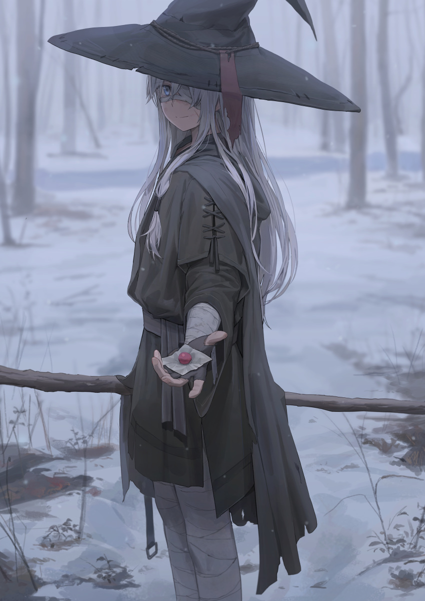 1girl absurdres bandage_over_one_eye bangs blue_eyes breasts commentary english_commentary fingernails free_style_(yohan1754) giving grey_hair hat highres holding holding_staff long_hair long_sleeves looking_at_viewer original outdoors outstretched_arm smile snow staff witch witch_hat