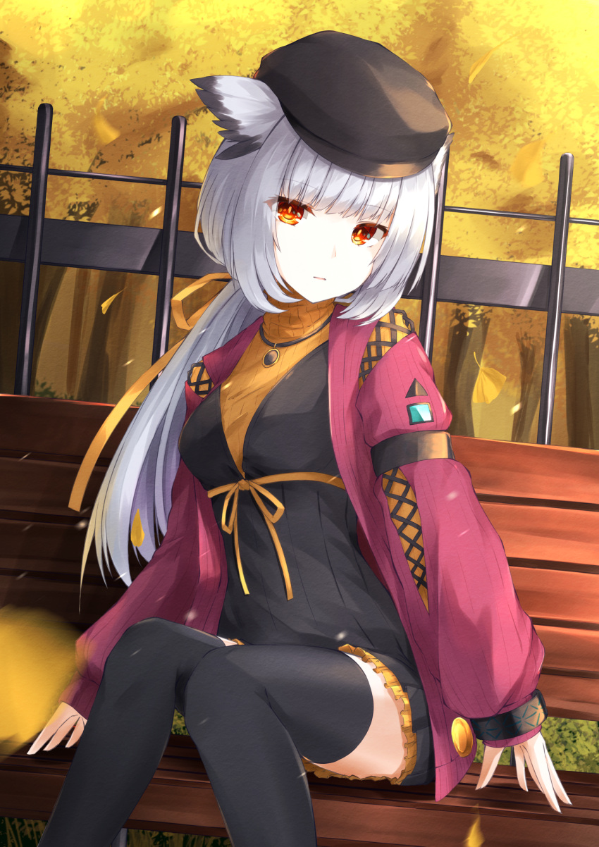 1girl animal_ears arknights armband bangs black_dress black_headwear black_legwear cardigan commentary_request dress hat highres long_hair low_ponytail official_alternate_costume orange_eyes orange_sweater outdoors owl_ears partial_commentary ptilopsis_(arknights) ptilopsis_(serenity)_(arknights) purple_cardigan sweater thigh-highs turtleneck turtleneck_sweater yuki-san_(wdtm_yuki)