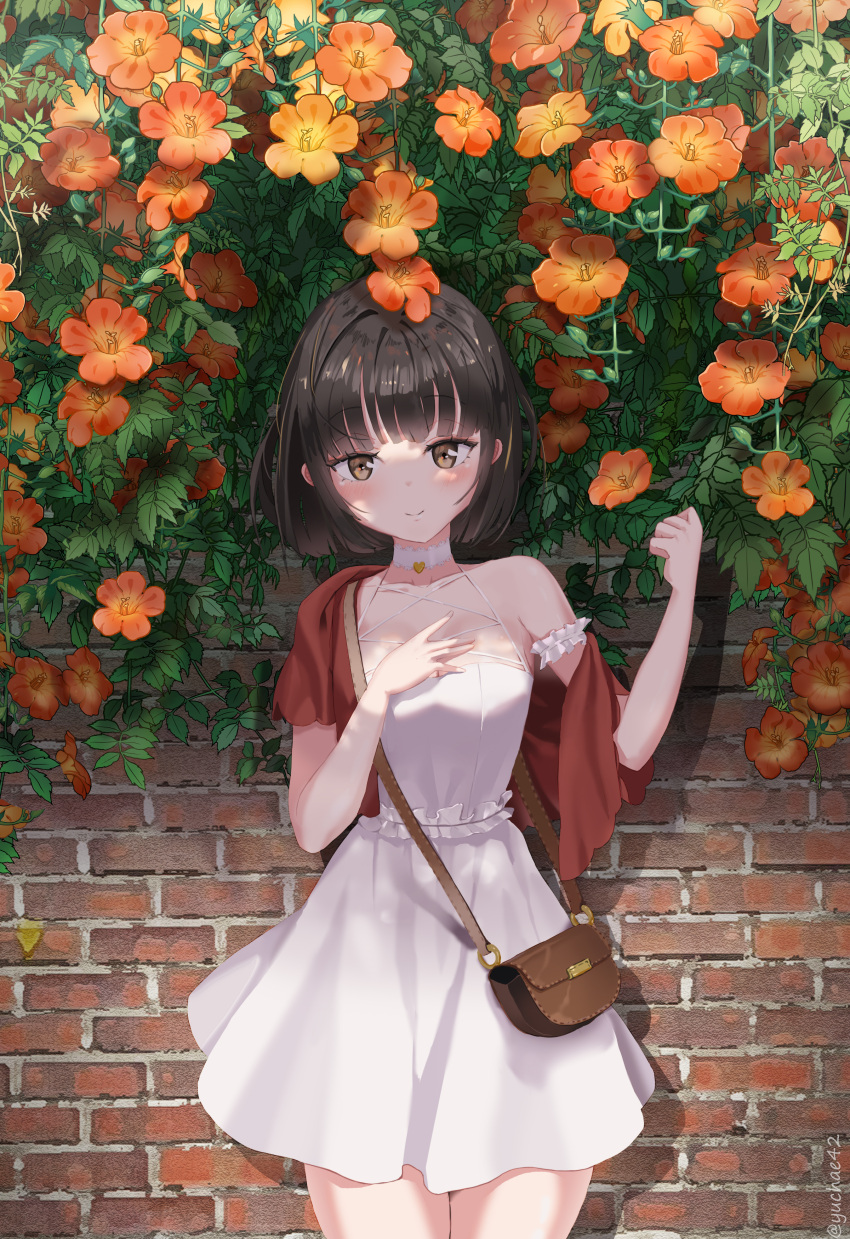 1girl absurdres armpit_crease bare_legs bare_shoulders black_hair blush breasts brick brick_wall brown_eyes choker collarbone dress flower hand_on_own_chest highres leaf looking_at_viewer medium_breasts nature original scarf short_hair skirt smile standing summer trumpet_creeper waistband yuchae