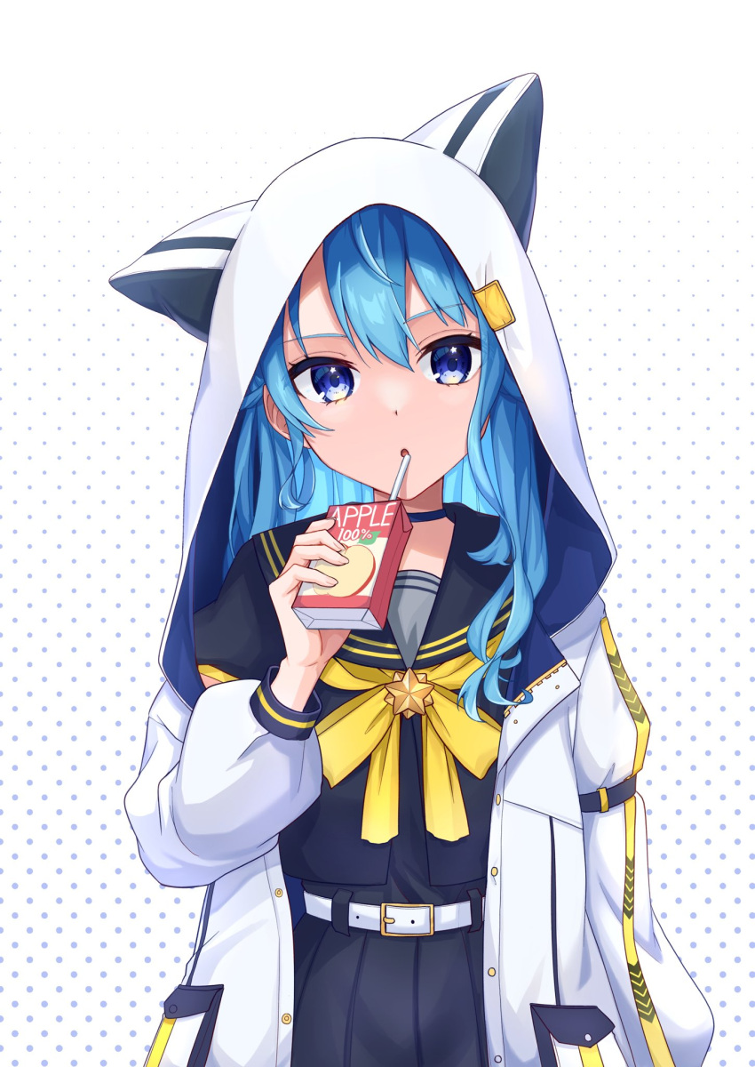 1girl animal_hood apple_juice bangs belt black_sailor_collar black_shirt blue_eyes blue_hair cat_hood choker commentary_request drink drinking drinking_straw earrings eyebrows_visible_through_hair highres holding holding_drink hololive hood hood_up hooded_jacket hoshimachi_suisei jacket jewelry juice_box long_hair looking_at_viewer meiruuuu. neckerchief open_clothes open_jacket pocket sailor_collar shirt solo star_(symbol) star_in_eye symbol_in_eye virtual_youtuber white_jacket yellow_neckwear