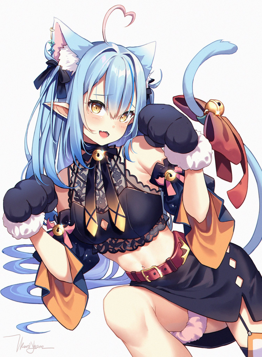 1girl ahoge animal_ear_fluff animal_hands bangs bare_shoulders bell belt belt_buckle black_bow black_shirt black_skirt blue_hair blush bow breasts buckle cat_girl cat_tail commentary crop_top detached_sleeves elf eyebrows_visible_through_hair fang garter_straps gloves hair_between_eyes hair_bow hands_up heart_ahoge highres hololive jingle_bell kuri_(animejpholic) large_breasts leg_garter long_hair looking_at_viewer midriff multicolored_hair navel neck_bell open_mouth paw_gloves pointy_ears red_belt red_bow shirt signature simple_background skin_fang skirt sleeveless sleeveless_shirt solo streaked_hair symbol-only_commentary tail tail_bell tail_bow tail_ornament very_long_hair virtual_youtuber white_background yellow_eyes yukihana_lamy