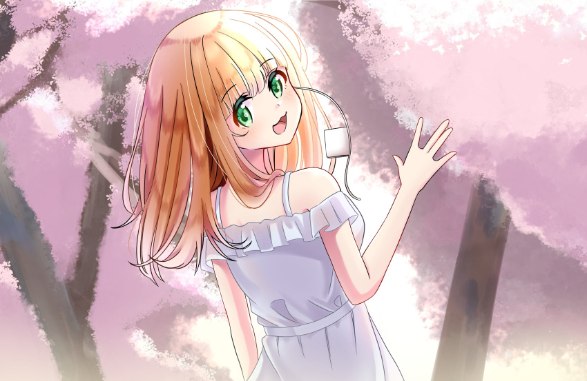 1girl absurdres bangs bare_shoulders blonde_hair dress eyebrows_visible_through_hair eyepatch green_eyes highres indie_virtual_youtuber kumavtuber looking_at_viewer looking_back medical_eyepatch medium_hair open_mouth second-party_source shio_tatsumi sleeveless solo tree virtual_youtuber white_dress