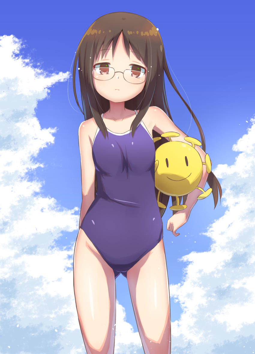 1girl ass_visible_through_thighs bare_arms bare_shoulders blue_sky blue_swimsuit breasts brown_eyes brown_hair carrying carrying_under_arm closed_mouth clouds cloudy_sky collarbone commentary_request day glasses highres long_hair looking_at_viewer minakami_mai muu_rian nichijou one-piece_swimsuit outdoors school_swimsuit sky small_breasts solo standing swimsuit very_long_hair