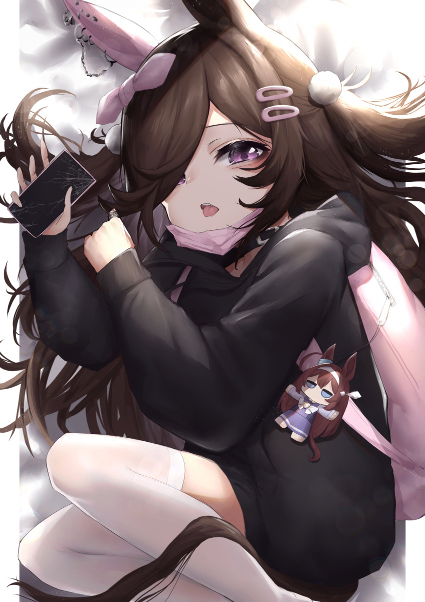 1girl absurdres animal_ears arm_up backpack bag bangs bed_sheet black_choker black_hoodie broken_screen brown_hair cellphone character_doll choker commentary_request cracked_glass cracked_screen feet_out_of_frame hair_ornament hair_over_one_eye hairclip hand_up highres hinamayo holding holding_phone hood hood_down hoodie horse_ears horse_girl horse_tail long_sleeves mask mask_pull mihono_bourbon_(umamusume) mouth_mask no_shoes one_side_up phone puffy_long_sleeves puffy_sleeves rice_shower_(umamusume) sleeves_past_wrists solo tail teeth thigh-highs tongue tongue_out umamusume upper_teeth violet_eyes white_legwear