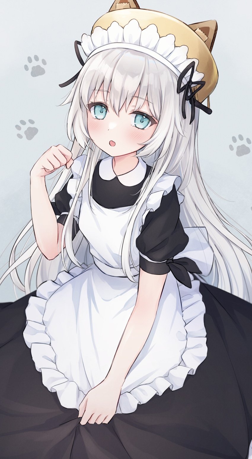 absurdres animal_ears animal_hat apron aqua_eyes bangs beret black_dress cat_ears cat_hat commission dress frilled_apron frills hat highres long_dress long_hair maid maid_apron maid_headdress original paw_pose paw_print paw_print_background puffy_short_sleeves puffy_sleeves shano_hiyori short_sleeves silver_hair skeb_commission white_apron