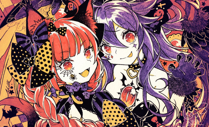 2girls alternate_costume animal_ear_fluff animal_ears bangs bat bird_wings black_wings blunt_bangs bow braid breasts cat_ears chain choker collarbone commentary_request cuffs dotted_background extra_ears eyebrows_visible_through_hair facepaint fangs feathered_wings fur_trim hair_ribbon halloween halloween_costume highres kaenbyou_rin large_breasts long_hair multiple_girls open_mouth orange_eyes red_eyes redhead reiuji_utsuho ribbon shackles slit_pupils star_(symbol) striped striped_bow third_eye tongue tongue_out touhou toutenkou tress_ribbon twin_braids two_side_up upper_body wings wolf_paws