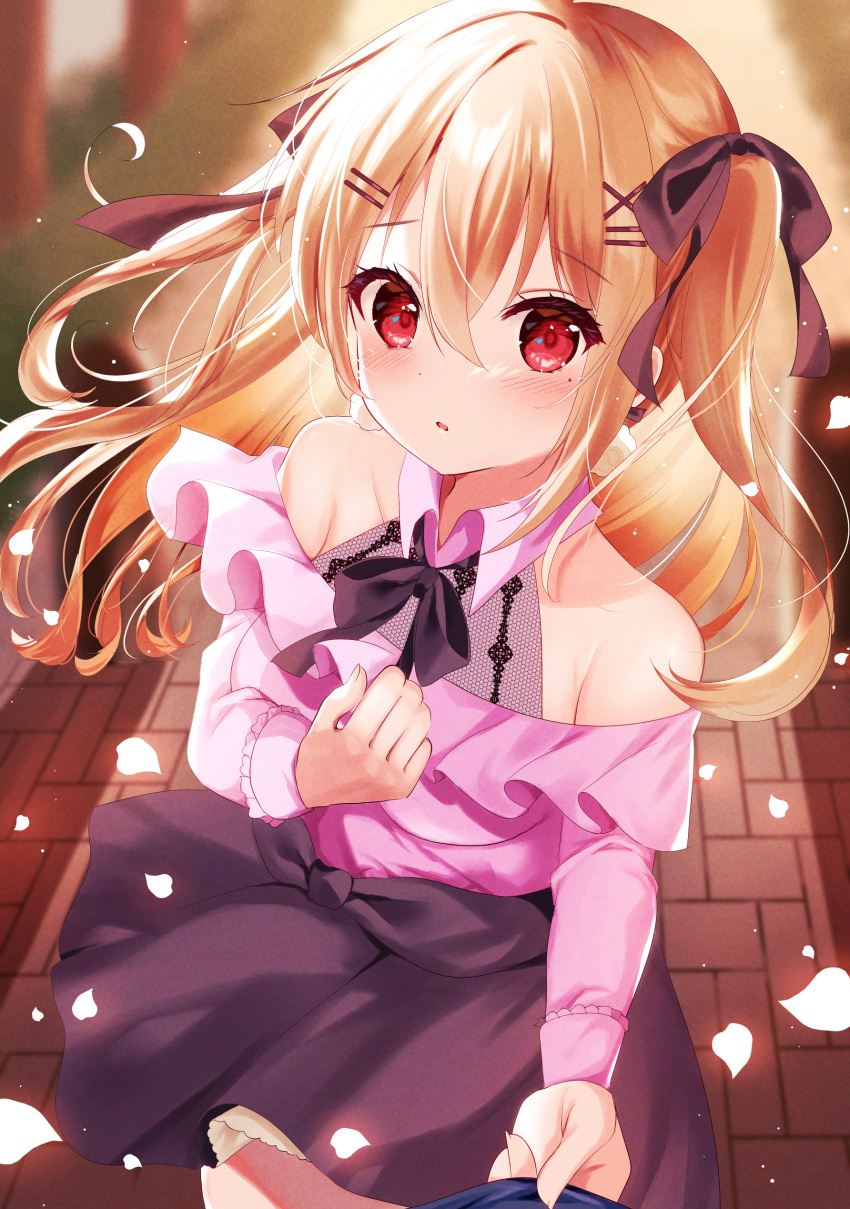 1girl :o absurdres bangs bare_shoulders black_bow blonde_hair blurry blurry_background bow breasts clothes_pull collar crossed_bangs curled_fingers detached_collar detached_sleeves eyebrows_visible_through_hair frilled_skirt frills fur_earring hair_between_eyes hair_bow hair_ornament hair_ribbon hand_on_own_chest highres long_hair looking_at_viewer medium_breasts mole mole_under_eye open_mouth original petals pink_collar pink_crop_top red_eyes ribbon see-through shirt_pull short_twintails skirt solo tsukimiya_sara twintails two_side_up wind x_hair_ornament