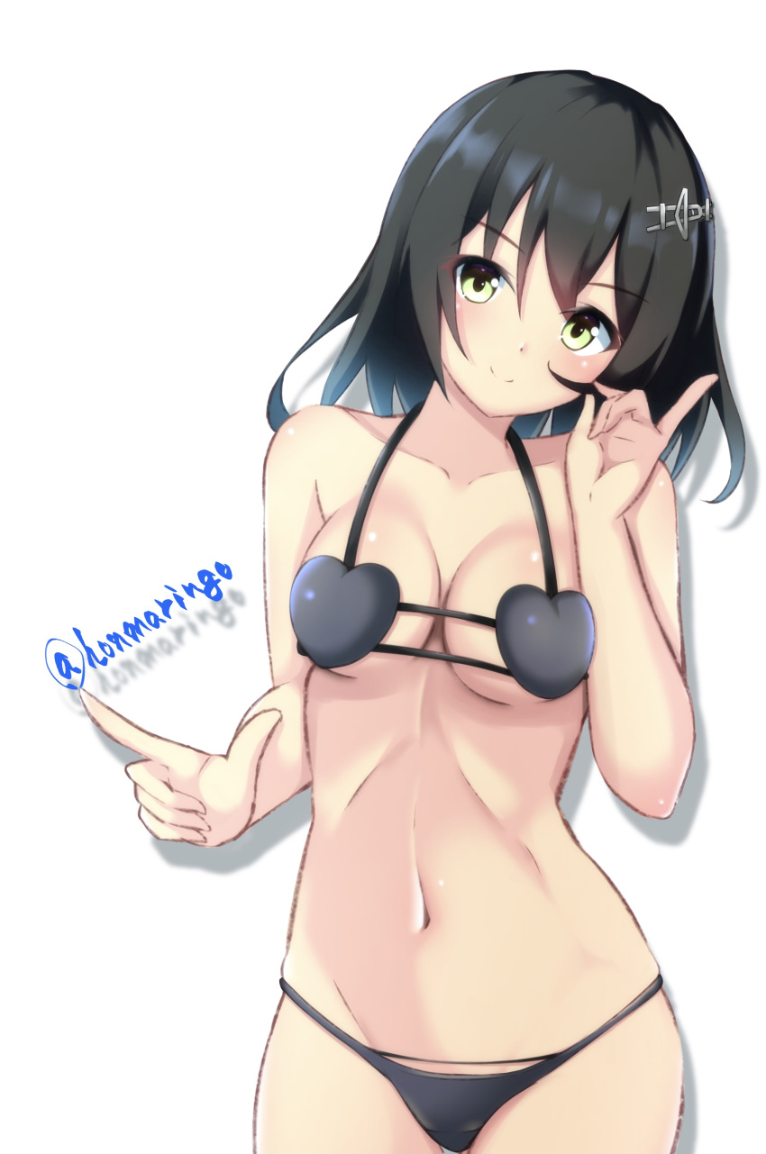 1girl absurdres alternate_hairstyle bikini black_bikini black_hair blush breasts closed_mouth commentary_request cowboy_shot eyebrows_visible_through_hair green_eyes hair_between_eyes hair_ornament hairclip highres honma_(honmatomohiro) kantai_collection medium_breasts navel oyashio_(kancolle) partial_commentary short_hair simple_background smile solo stomach swimsuit twitter_username white_background