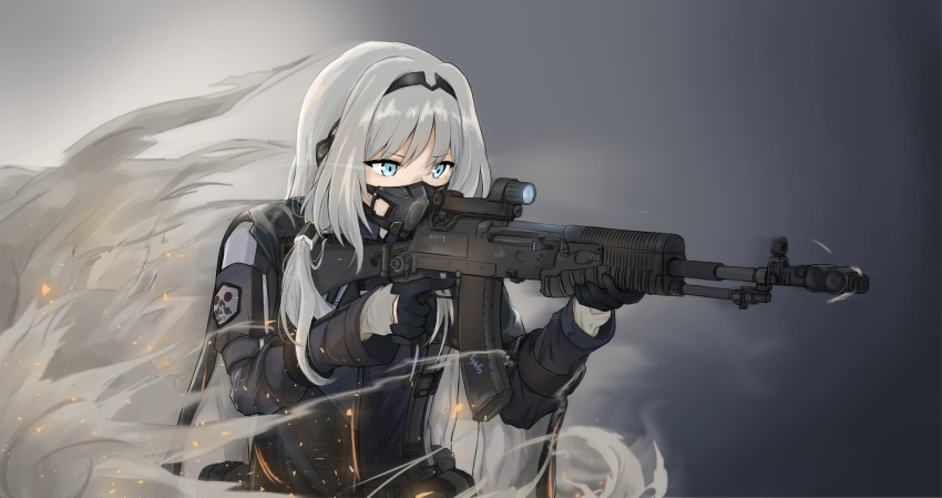 1girl an-94 an-94_(girls'_frontline) armband assault_rifle black_gloves blue_eyes clov3r gas_mask girls_frontline gloves gun hairband highres holding holding_gun holding_weapon kalashnikov_rifle long_sleeves mask rifle scope silver_hair solo tactical_clothes weapon