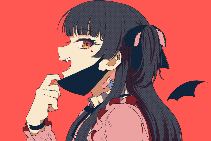 1girl bandages bangs black_hair black_ribbon commentary eyebrows_visible_through_hair fangs from_side hair_ribbon heart heart_tattoo idolmaster idolmaster_shiny_colors kamille_(vcx68) long_hair long_sleeves looking_at_viewer mask mask_pull mayuzumi_fuyuko mouth_mask neck_ribbon open_mouth pink_shirt red_background ribbon shirt sideways_glance simple_background solo tattoo teeth tongue unmoving_pattern upper_body upper_teeth vampire_(vocaloid) watch watch wings