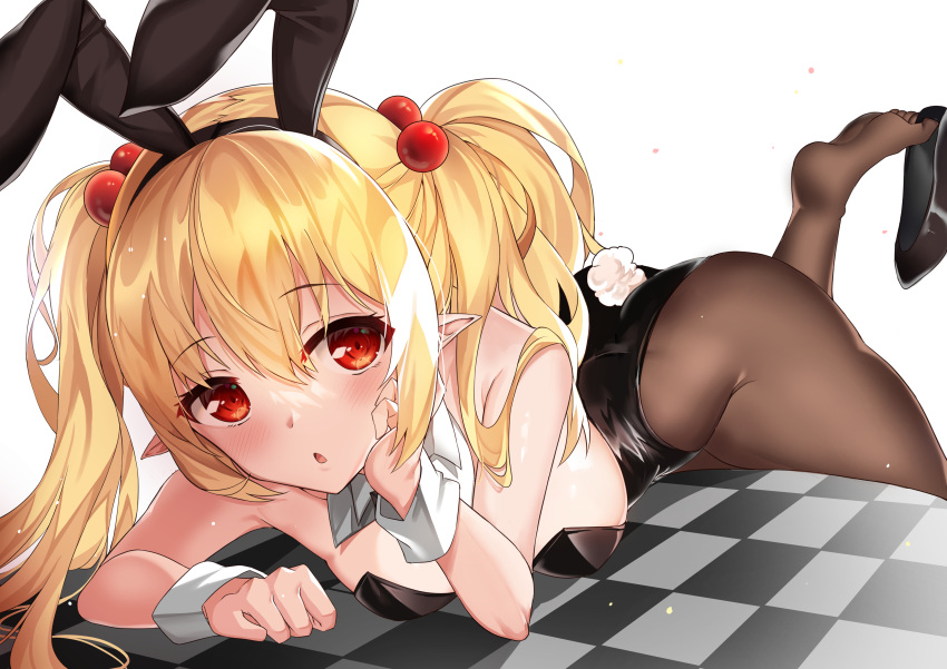 1girl :o absurdres animal_ears bangs bare_shoulders black_hairband black_leotard blonde_hair breasts checkered commission deogho_(liujinzy9854) eyebrows_visible_through_hair fake_animal_ears hair_between_eyes hair_bobbles hair_ornament hairband high_heels highres leotard looking_to_the_side lying no_shoes on_stomach open_mouth pantyhose playboy_bunny pointy_ears rabbit_tail red_eyes shiny shiny_hair shoe_dangle sidelocks simple_background small_breasts soles solo strapless strapless_leotard tail thighs white_background wintails wrist_cuffs