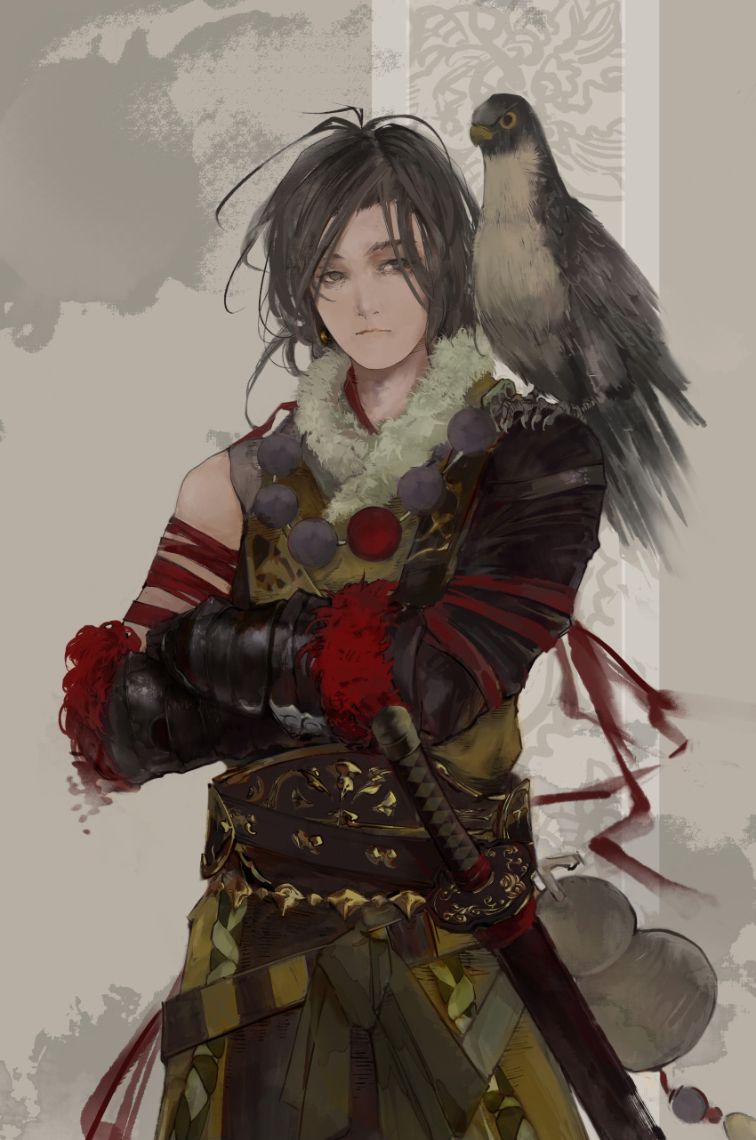 1boy absurdres animal_on_shoulder avatar_(ffxiv) baboon_(artist) banner bead_necklace beads beige_background belt bird bird_on_shoulder bracer closed_mouth cowboy_shot crossed_arms falcon fantasy filigree final_fantasy final_fantasy_xiv fur_collar girdle gourd grey_eyes highres jewelry katana long_hair looking_to_the_side necklace original red_ribbon ribbon samurai samurai_(final_fantasy) sheath sheathed solo sword tassel tsurime vambraces weapon