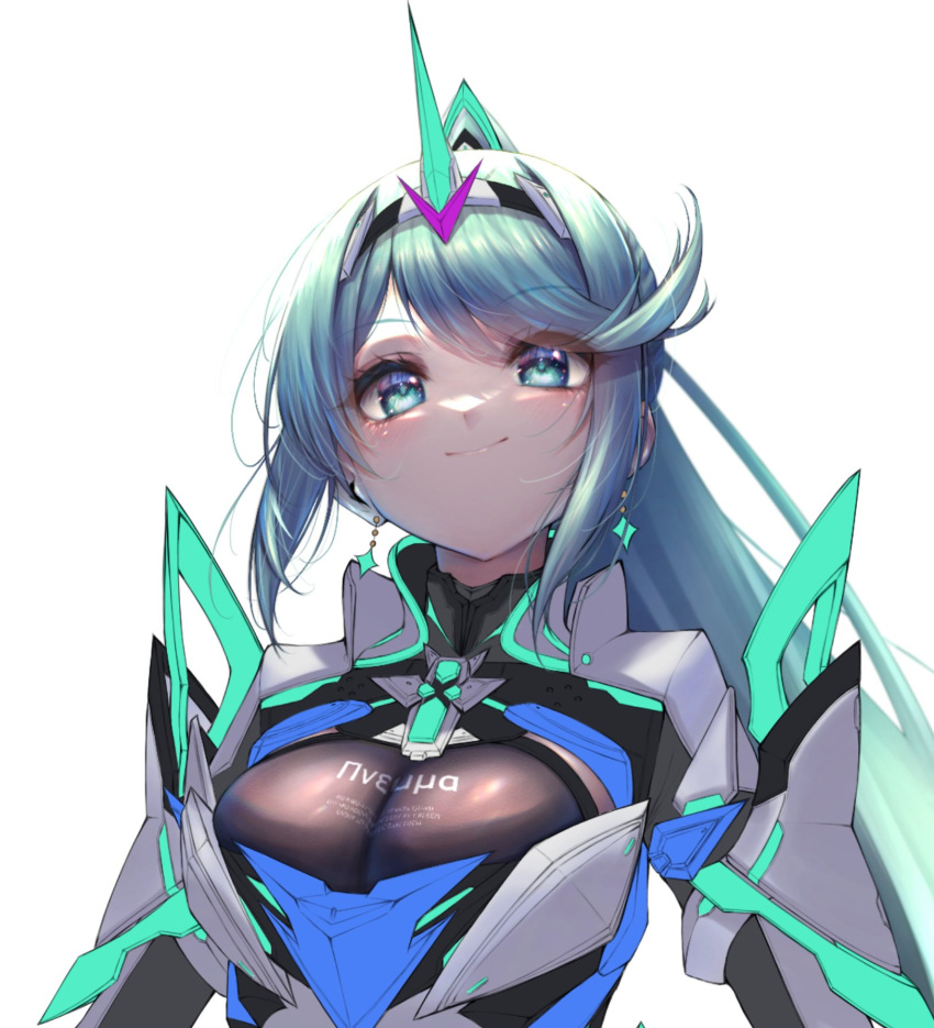 1girl bangs breasts chest_jewel earrings gem greek_text green_eyes green_hair hakusai_(hksicabb) headpiece highres jewelry large_breasts long_hair pneuma_(xenoblade) ponytail solo swept_bangs tiara very_long_hair xenoblade_chronicles_(series) xenoblade_chronicles_2