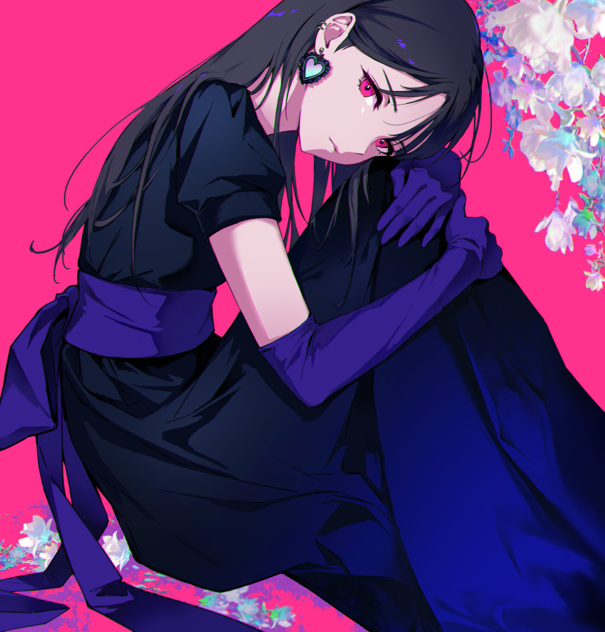 1girl black_dress black_hair blue_ribbon closed_mouth dress earrings elbow_gloves floral_background flower gloves heart heart_earrings highres jewelry long_hair long_skirt looking_to_the_side minj_kim original pink_background pink_eyes ribbon short_sleeves sitting skirt solo
