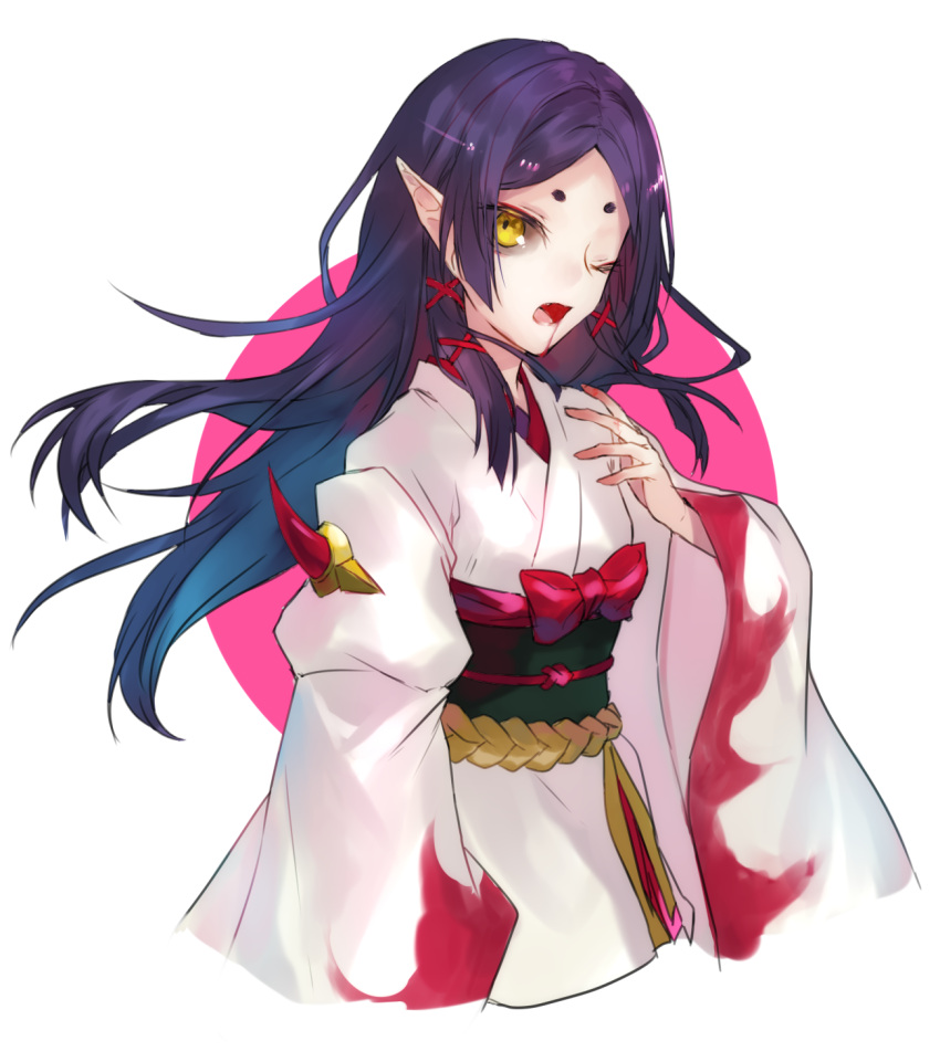 1girl bangs black_kimono black_sclera blood blood_from_mouth bow colored_sclera cowboy_shot eyelashes flame_print hand_up highres japanese_clothes kimono kohina27831 kyuuketsu_hime long_hair looking_at_viewer obi one_eye_closed onmyoji open_mouth parted_bangs pink_background pointy_ears purple_hair sash simple_background solo tied_hair white_background wide_sleeves yellow_eyes