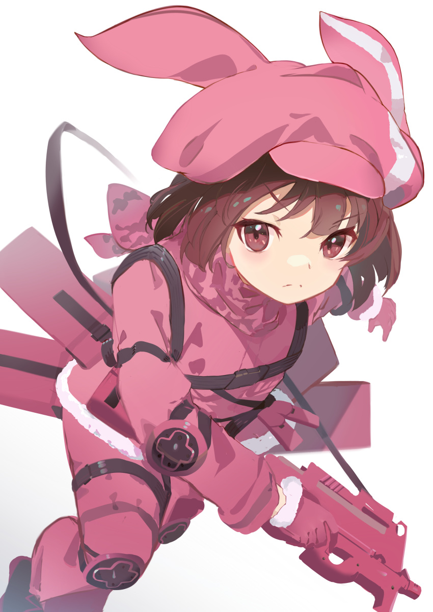&gt;:( 1girl absurdres animal_ears animal_hat bangs brown_eyes brown_hair bullpup cabbie_hat closed_mouth commentary_request eyebrows_visible_through_hair fake_animal_ears fur-trimmed_gloves fur_trim gloves gradient gradient_background grey_background gun hat highres holding holding_gun holding_weapon jacket llenn_(sao) long_sleeves p-chan_(p-90) p90 pants pink_gloves pink_headwear pink_jacket pink_pants same_(sendai623) solo submachine_gun sword_art_online sword_art_online_alternative:_gun_gale_online v-shaped_eyebrows weapon white_background
