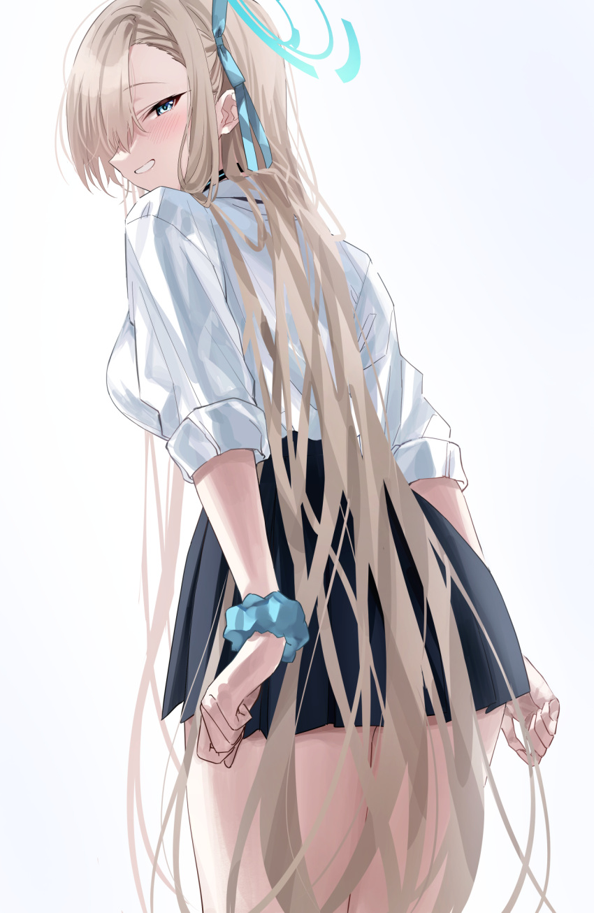 1girl asuna_(blue_archive) bangs blonde_hair blue_archive blue_eyes blue_skirt blush breasts from_behind grin hair_over_one_eye halo head_tilt highres large_breasts long_hair looking_at_viewer ponpon_nun school_uniform scrunchie shirt simple_background skirt smile solo very_long_hair white_shirt wrist_scrunchie