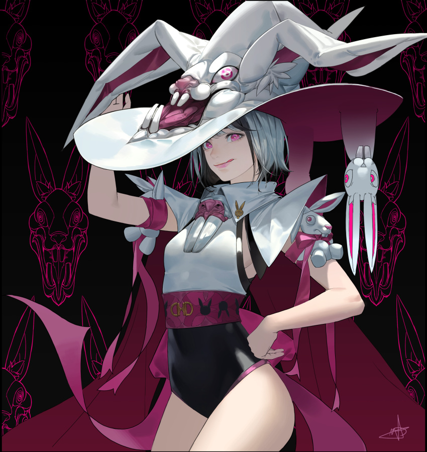 1girl :q absurdres animal_hat animal_print arm_up belt black_background black_hair black_leotard bunny_hat bunny_print cape collared_cape commentary contrapposto cowboy_shot daeho_cha english_commentary grey_hair hand_on_hip hat highres leotard original pink_belt pink_cape sharp_teeth signature smile solo stuffed_animal stuffed_bunny stuffed_toy teeth tongue tongue_out white_cape white_leotard