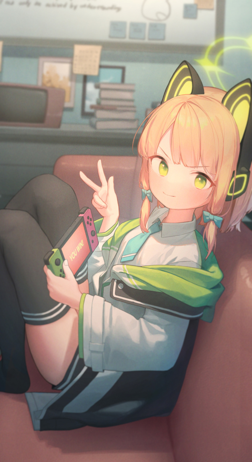 1girl aqua_neckwear bangs black_legwear blue_archive blue_bow blurry blurry_background book book_stack bow cat_ear_headphones coat commentary couch doribae green_eyes hair_bow halo handheld_game_console headphones highres holding indoors long_sleeves looking_at_viewer medium_hair midori_(blue_archive) nintendo_switch orange_hair shirt sidelocks sitting smile solo thigh-highs twintails w white_shirt