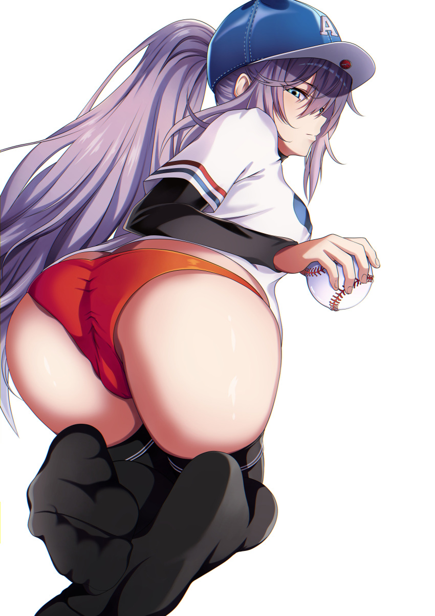 1girl absurdres ass azur_lane ball baseball baseball_cap baseball_jersey baseball_uniform black_legwear blue_headwear breasts full_body hair_between_eyes hair_through_headwear hat highres holding holding_ball intrepid_(azur_lane) intrepid_(one_intrepid_pitch)_(azur_lane) light_purple_hair long_hair looking_at_viewer looking_back medium_breasts no_shoes official_alternate_costume panties patrick_reyes_ii red_panties shirt short_sleeves simple_background skindentation soles solo sportswear thigh-highs thong underwear very_long_hair white_background white_shirt