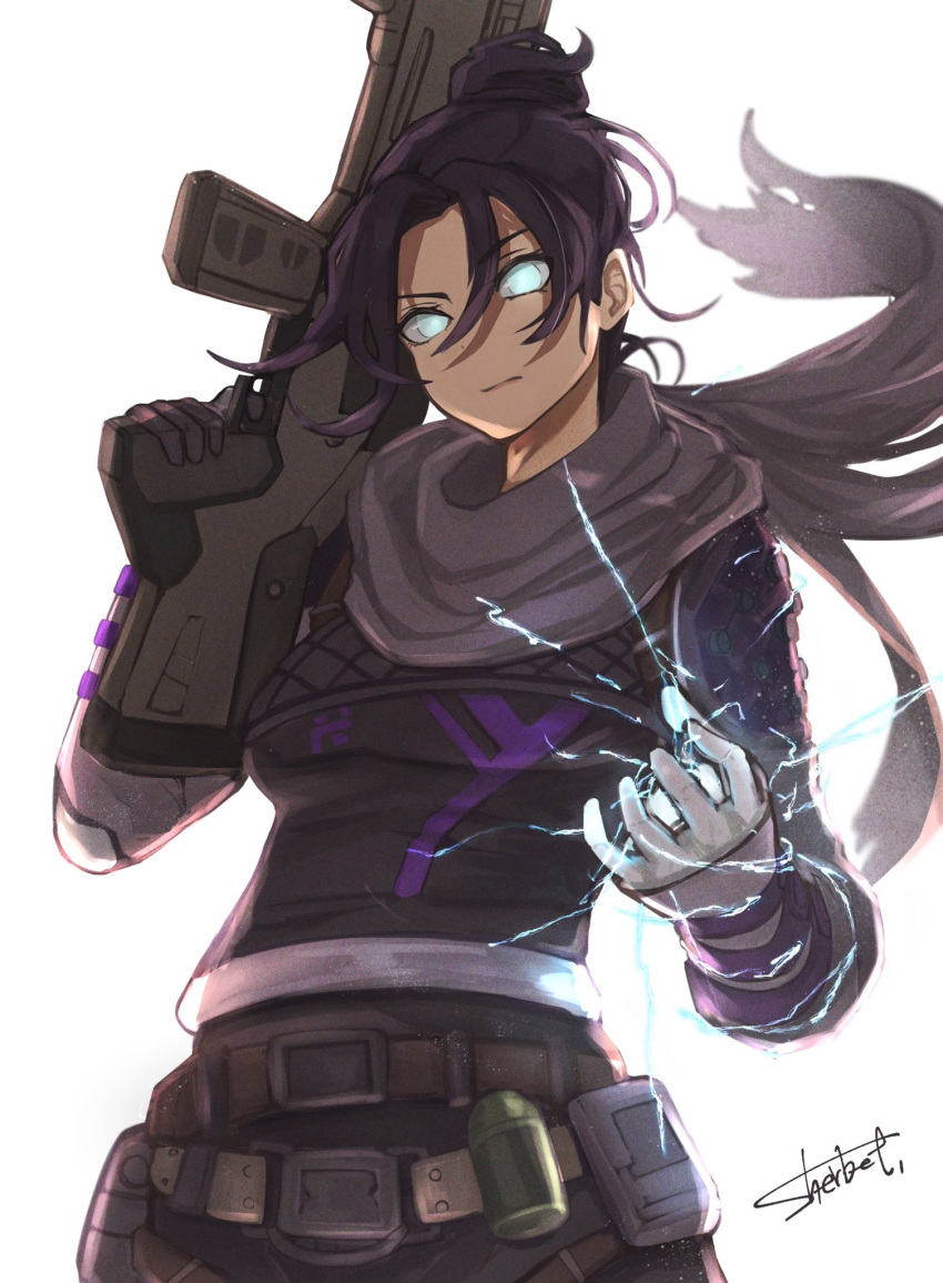 1girl apex_legends bangs belt black_bodysuit black_gloves bodysuit breasts brown_belt electricity floating_hair floating_scarf g7_scout gloves glowing glowing_eyes grey_scarf gun hair_behind_ear hair_bun head_tilt highres holding holding_gun holding_weapon no_pupils parted_bangs rifle scarf sherbet_(sherbet99) small_breasts solo weapon white_background wraith_(apex_legends)