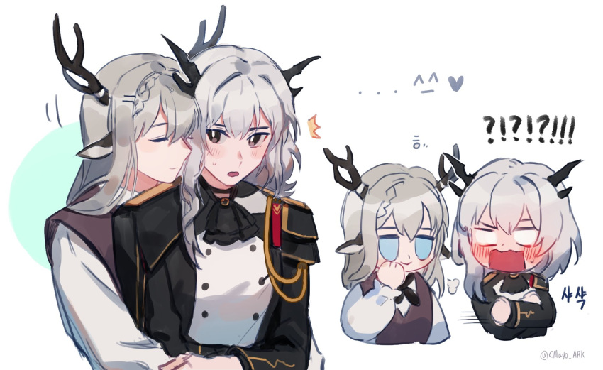 2girls alina_(arknights) animal_ears arknights ascot bangs blush chibi cmayo_ark deer_ears deer_girl deer_horns dragon_girl dragon_horns epaulettes highres horns hug korean_text long_hair long_sleeves multiple_girls open_mouth silver_hair symbol-only_commentary talulah_(arknights) translation_request yuri