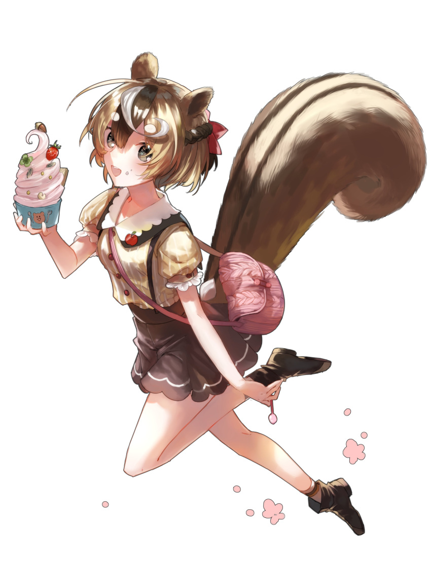 1girl absurdres acorn adapted_costume alternate_costume animal_ears ayunda_risu bag blouse bow brown_hair candy clover cupcake food food_on_face four-leaf_clover fruit green_eyes hair_bow handbag highres hololive hololive_indonesia kohina27831 lollipop looking_at_viewer multicolored_hair open_mouth shirt short_hair simple_background solo squirrel_ears squirrel_tail strawberry streaked_hair striped striped_shirt tail vertical-striped_shirt vertical_stripes virtual_youtuber whipped_cream white_background