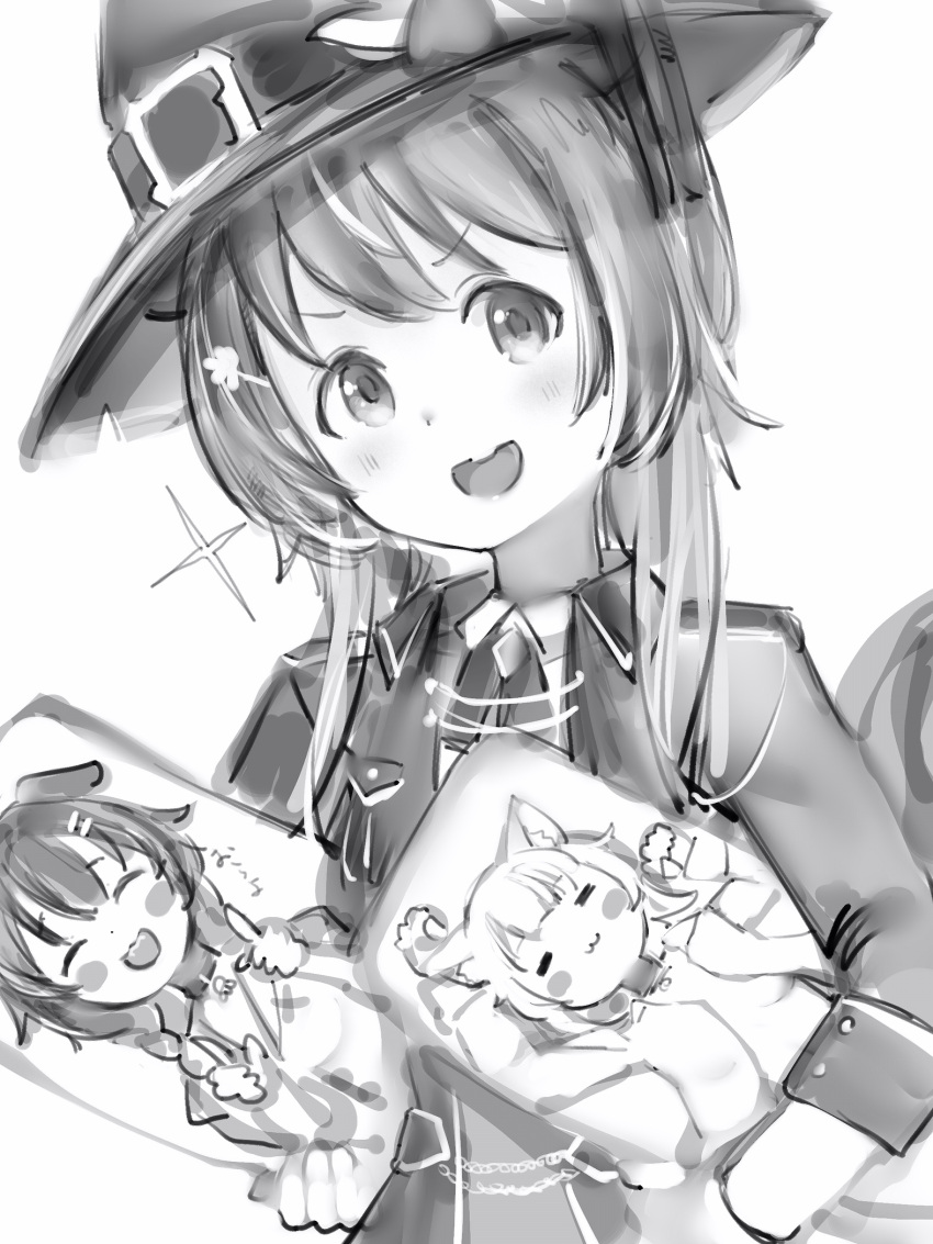 1girl ayunda_risu bangs blush carrying carrying_under_arm character_pillow dakimakura_(object) greyscale hair_ornament hairclip hat highres holding holding_pillow hololive hololive_indonesia inugami_korone long_hair long_sleeves looking_at_viewer monochrome nanashi_(nlo) nekomata_okayu official_alternate_costume open_mouth pillow simple_background smile solo sparkle squirrel_girl squirrel_tail tail upper_body virtual_youtuber white_background witch_hat