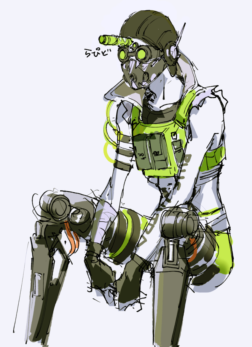 1boy apex_legends arms_between_legs black_gloves black_headwear cable cropped_vest fingerless_gloves gloves goggles green_shorts green_vest grey_background highres male_focus mask mechanical_legs mouth_mask octane_(apex_legends) shorts sitting sketch solo syringe_in_head thundergotch vest