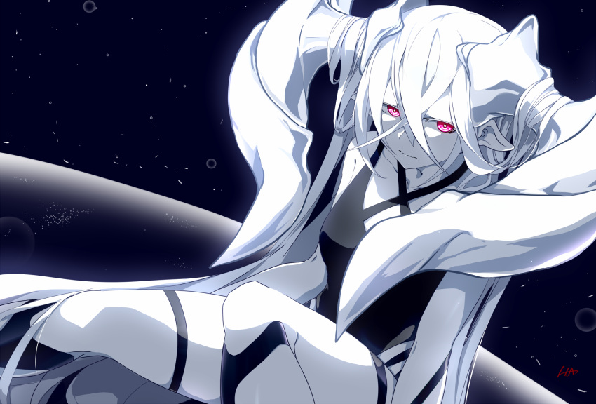 1girl breasts collarbone colored_skin commentary_request hair_between_eyes hair_on_horn hayabusa_aoi highres horns long_hair looking_at_viewer medium_breasts monster_girl no_eyebrows original pointy_ears red_eyes signature solo very_long_hair white_hair white_skin