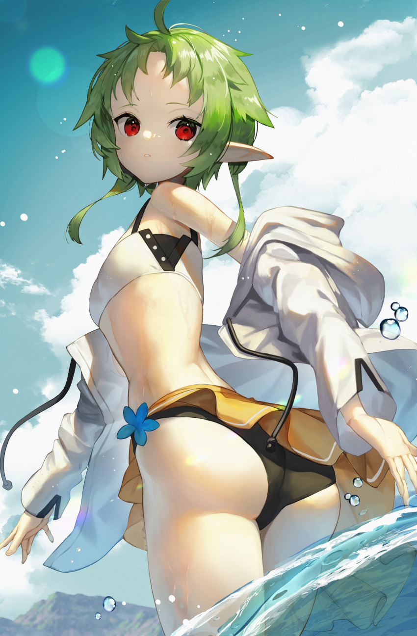 1girl absurdres ass bangs bikini black_bikini clouds cloudy_sky commentary_request cowboy_shot day drawstring dutch_angle flat_chest green_hair highres jacket lens_flare long_hair long_sleeves looking_at_viewer looking_back mismatched_bikini mushoku_tensei off_shoulder open_clothes open_jacket outdoors panties pointy_ears red_eyes sarong sky solo standing sukocchi swimsuit sylphiette_(mushoku_tensei) twisted_torso underwear wading white_bikini white_jacket