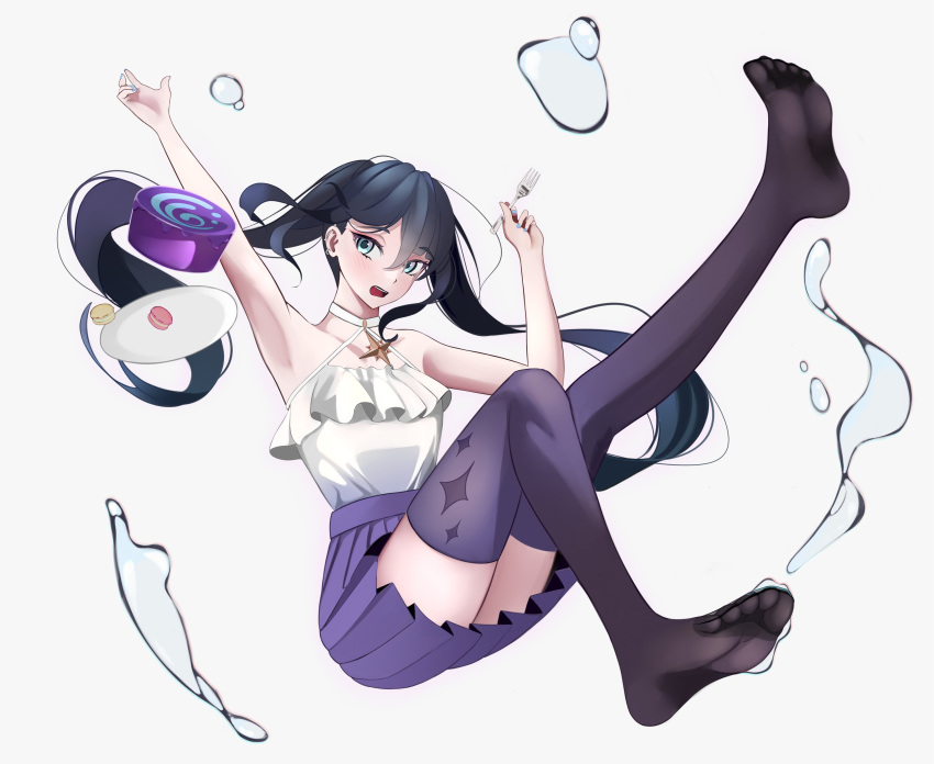 1girl absurdres alternate_costume black_hair black_legwear blue_eyes blue_skirt collarbone contemporary food fork frilled_shirt frills genshin_impact halterneck highres holding holding_fork hyafumi looking_to_the_side macaron mona_(genshin_impact) open_mouth plate shirt shirt_tucked_in skirt soles solo thigh-highs twintails water white_shirt