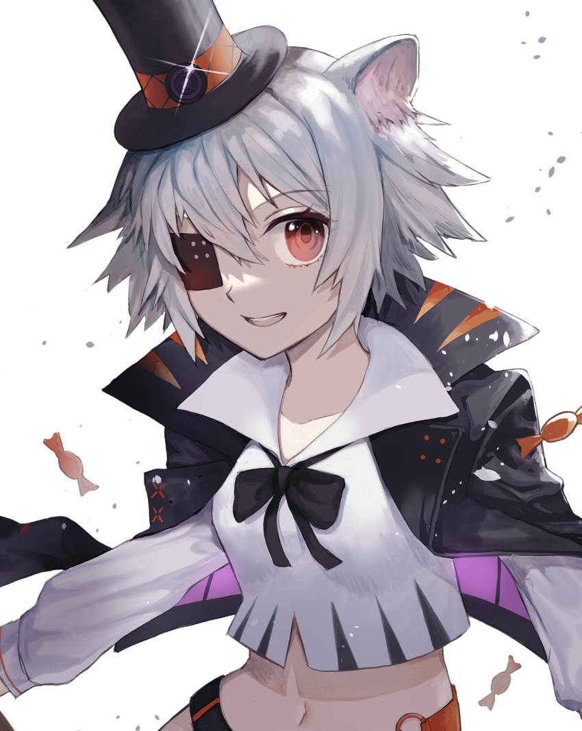 1girl animal_ears arknights bangs capelet click_(arknights) click_(grave_thief)_(arknights) crop_top eyepatch hat highres mouse_ears mouse_girl navel official_alternate_costume parted_lips red_eyes short_hair silver_hair solo top_hat vhdtyzusixc7fai