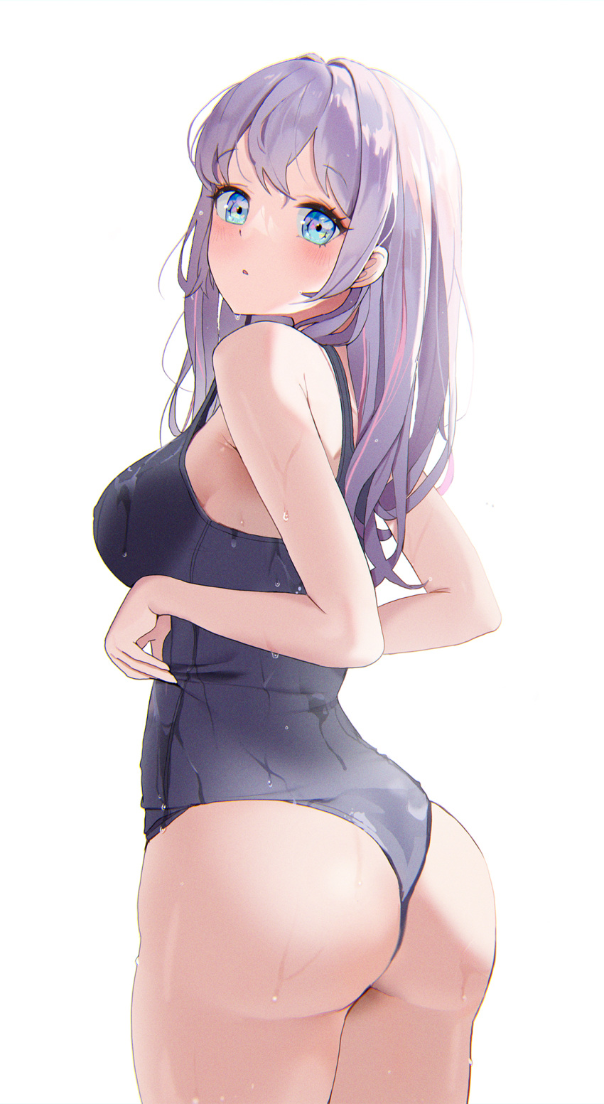 1girl adjusting_clothes adjusting_swimsuit ass bangs bare_arms bare_legs black_swimsuit blue_eyes blush breasts eyebrows_visible_through_hair highres korean_commentary long_hair looking_at_viewer looking_to_the_side medium_breasts multicolored_hair one-piece_swimsuit original parted_lips pink_hair purple_hair school_swimsuit simple_background solo standing streaked_hair swimsuit wet wet_clothes wet_swimsuit white_background yuchae